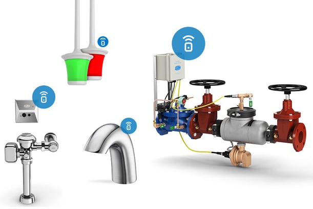 Connected products including flush valve, faucet, occupancy light, and flood control system (FCIS)